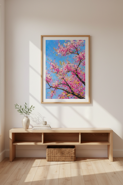 Pink Blossom Wall Art | Abstract Floral, Blue Tones | Living Room Decor