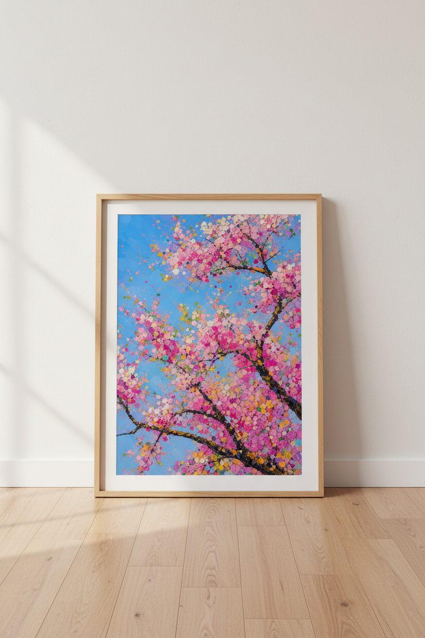 Pink Blossom Wall Art | Abstract Floral, Blue Tones | Living Room Decor