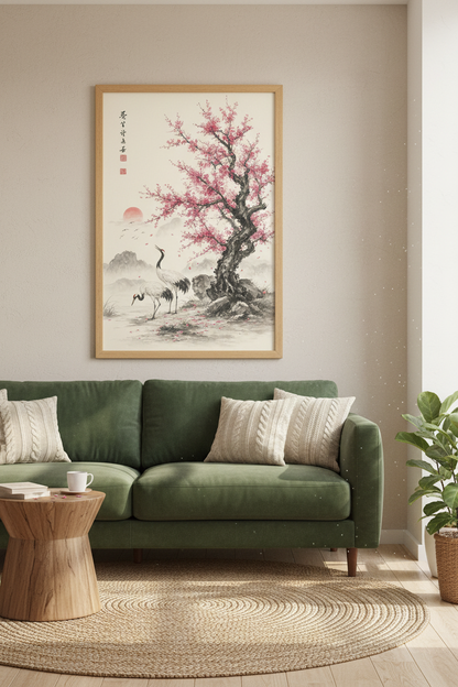 Japanese Crane Cherry Blossom Wall Art | Zen Ink Style Poster | Japandi Decor