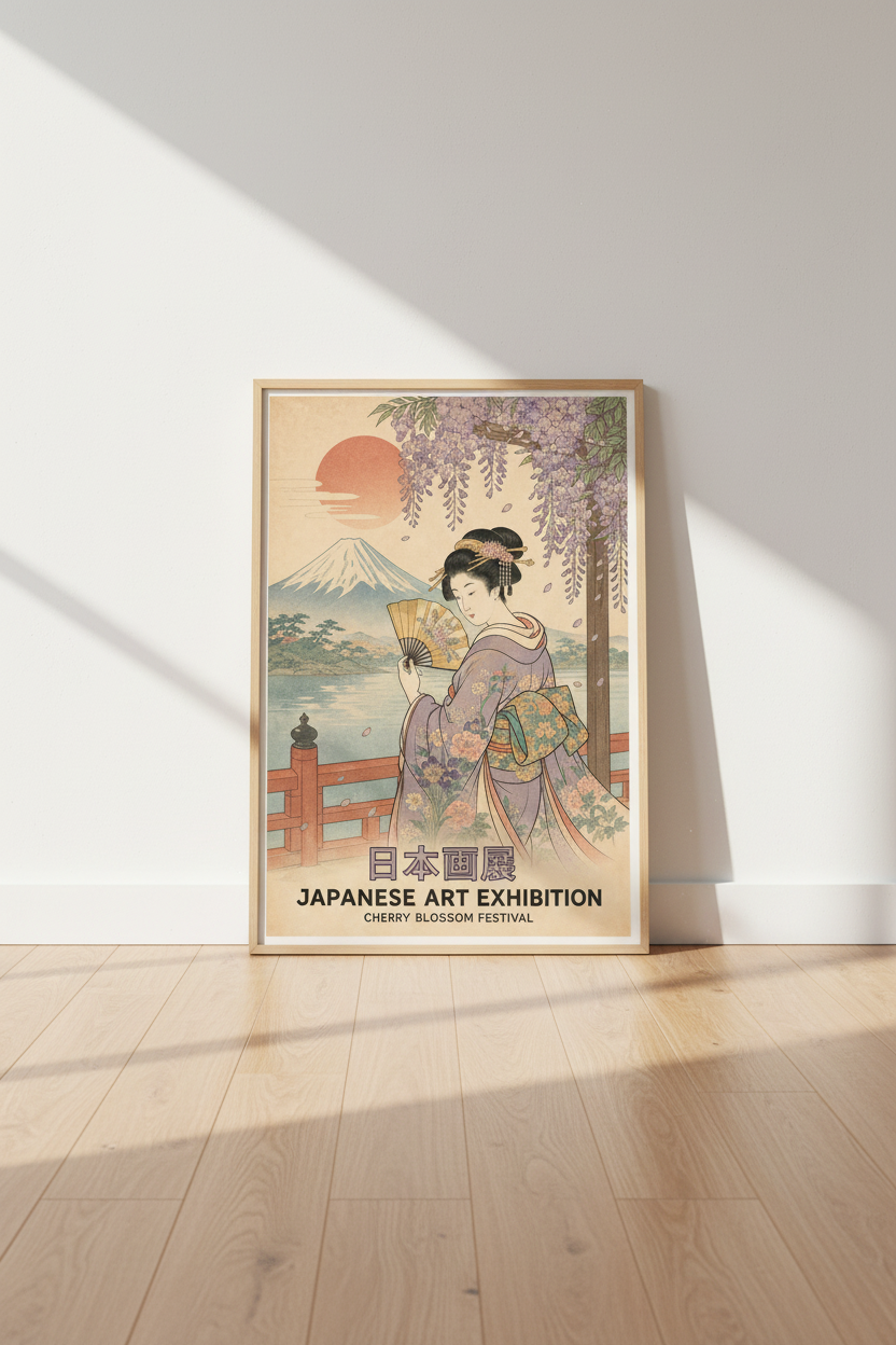 Japanese wall art print | Ukiyo-e Geisha Scene | Living Room Decor | Cherry Blossom Poster