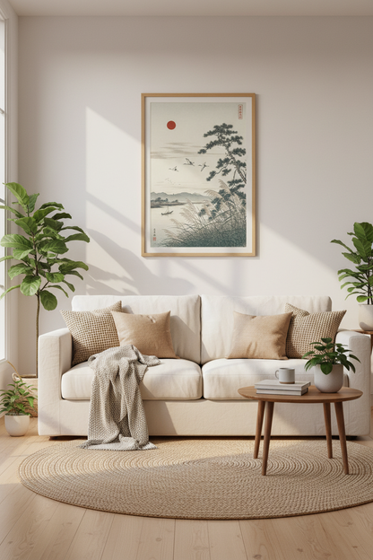 Japanese Crane Landscape Wall Art | Ukiyo-e Sun Poster, Japandi Living Room Decor