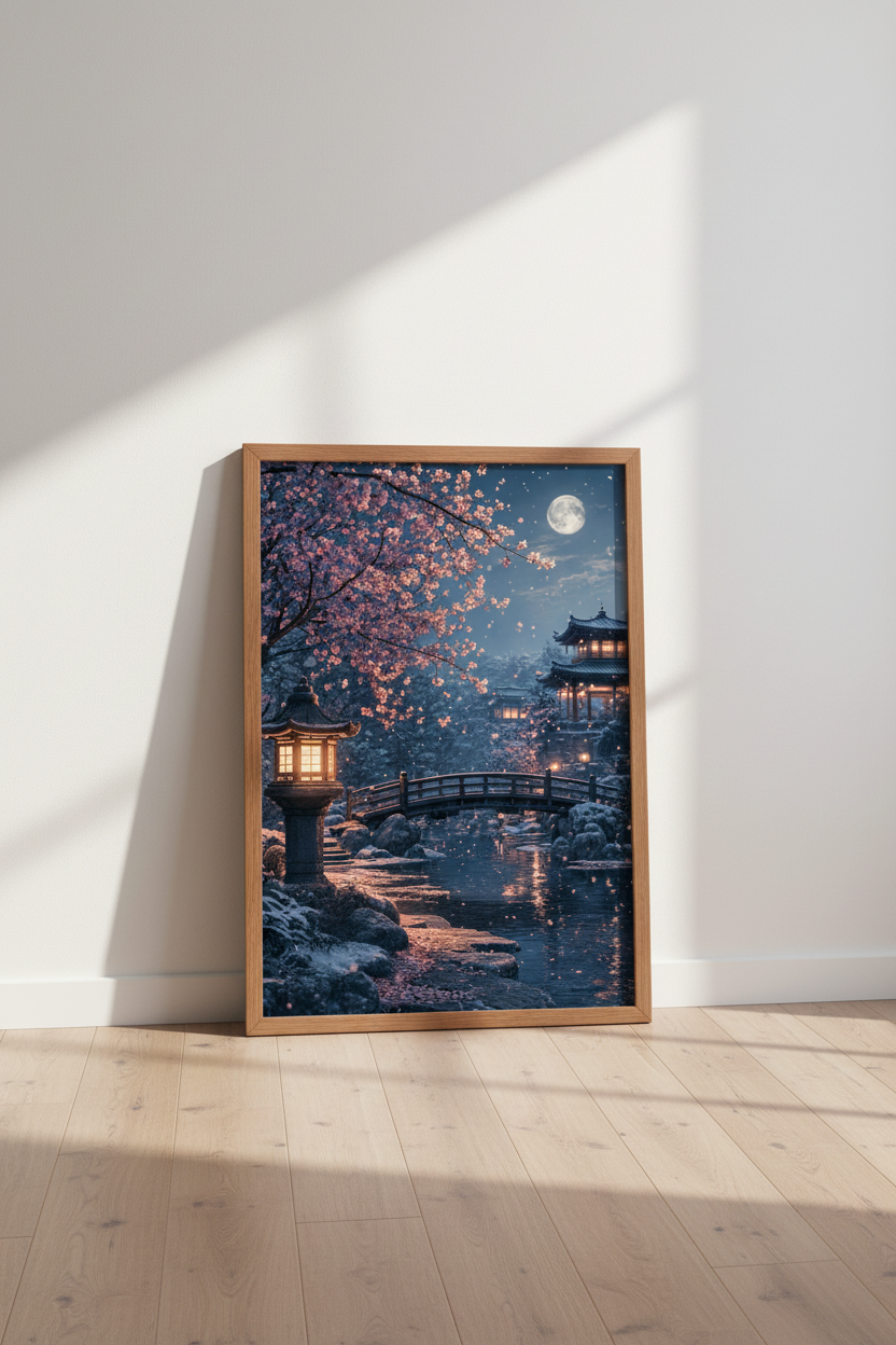 Japanese Garden Night Wall Art | Pink Cherry Blossom Pagoda Print | Zen Aesthetic Poster