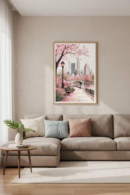 New York Central Park Cherry Blossom Art | Pink Cityscape Print, Pastel Bedroom Decor