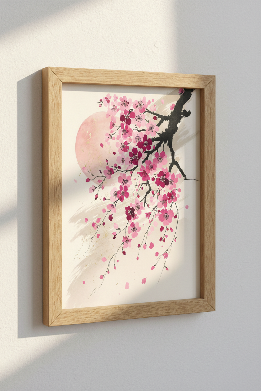 Cherry Blossom Japanese Wall Art | Pink Sakura Watercolor | Zen Bedroom Decor Poster
