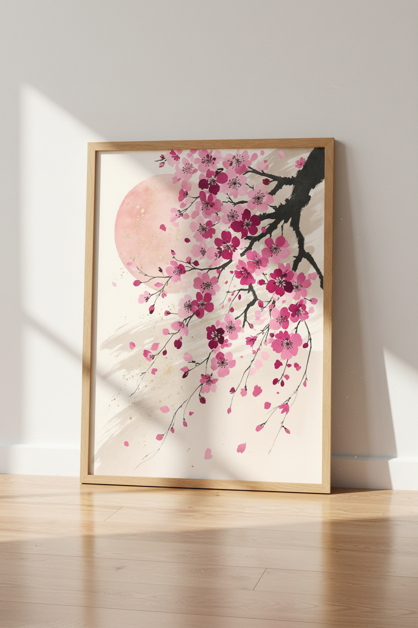 Cherry Blossom Japanese Wall Art | Pink Sakura Watercolor | Zen Bedroom Decor Poster