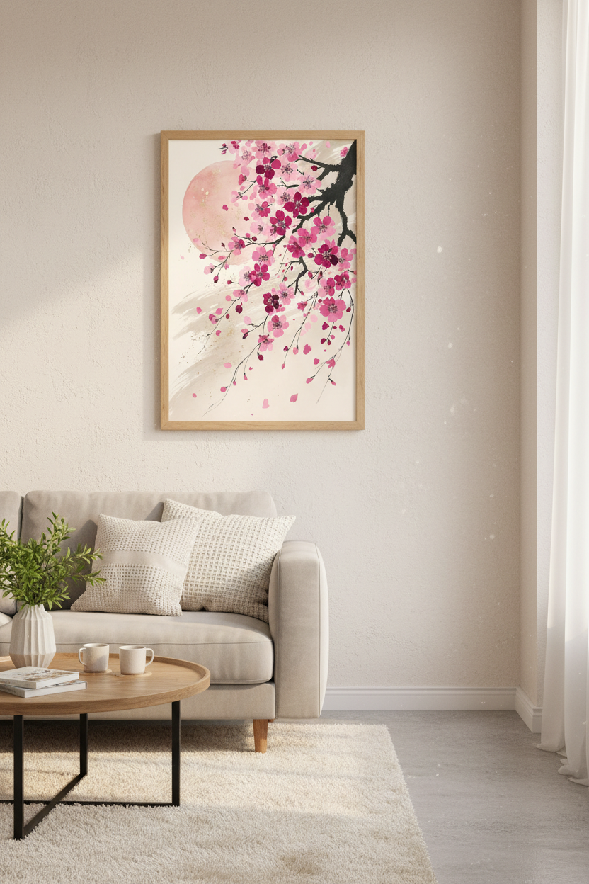 Cherry Blossom Japanese Wall Art | Pink Sakura Watercolor | Zen Bedroom Decor Poster