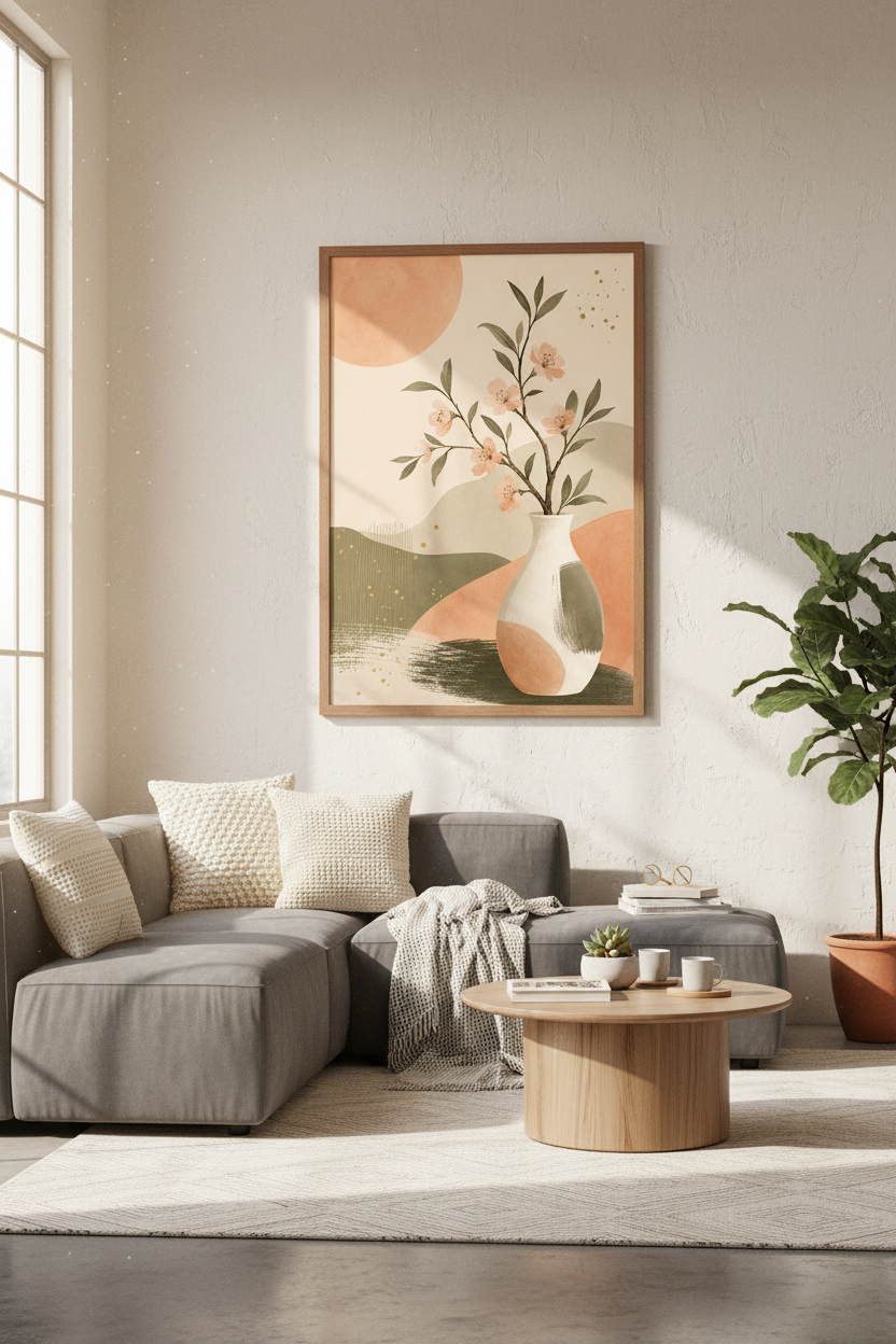 Japandi Floral Vase Wall Art | Abstract Terracotta &amp; Sage Botanical, Minimalist Poster
