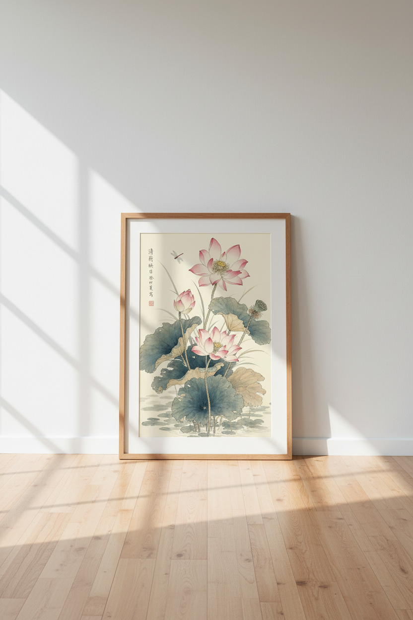 Japanese Lotus Wall Art | Vintage Floral Ink Print, Zen Bedroom Decor
