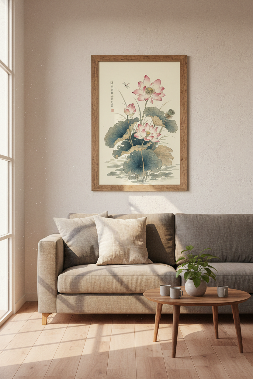 Japanese Lotus Wall Art | Vintage Floral Ink Print, Zen Bedroom Decor
