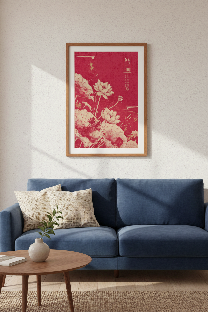Japanese Lotus Flower Art | Red Gold Botanical Print, Zen Living Room Decor