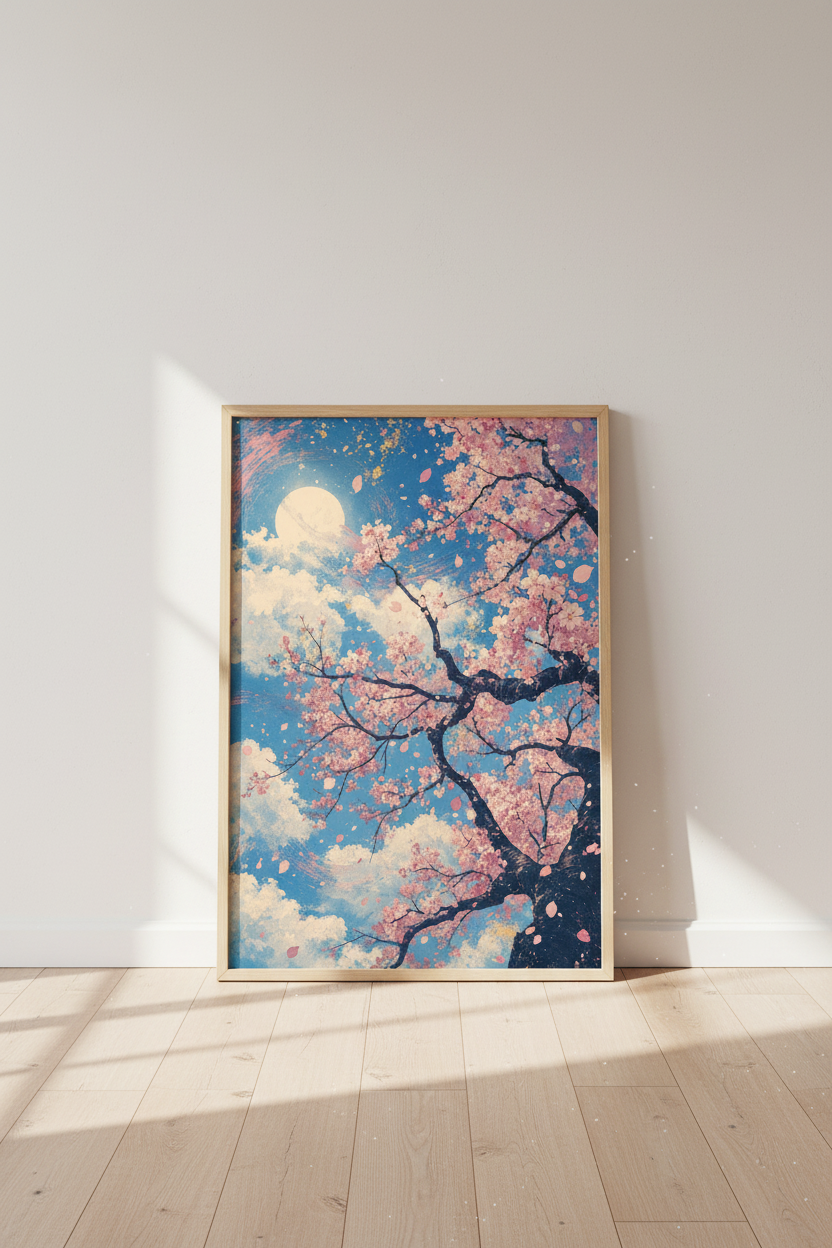 Cherry Blossom Moon Art | Pink Sakura Blue Sky Print | Japanese Style Decor