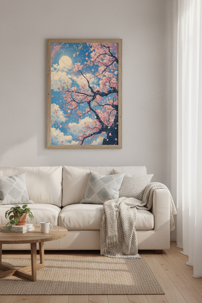 Cherry Blossom Moon Art | Pink Sakura Blue Sky Print | Japanese Style Decor