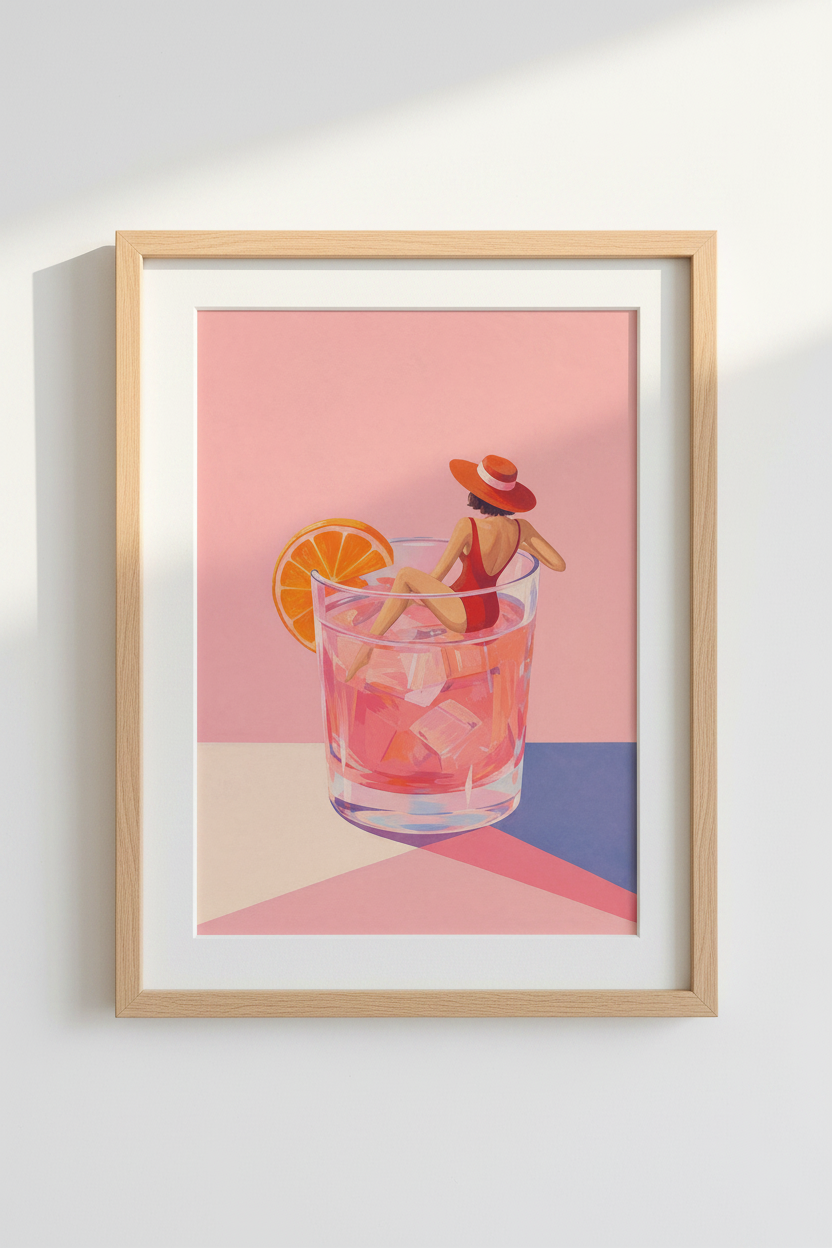 Retro Cocktail Art Print | Pink Bar Cart Decor, Modern Kitchen Poster
