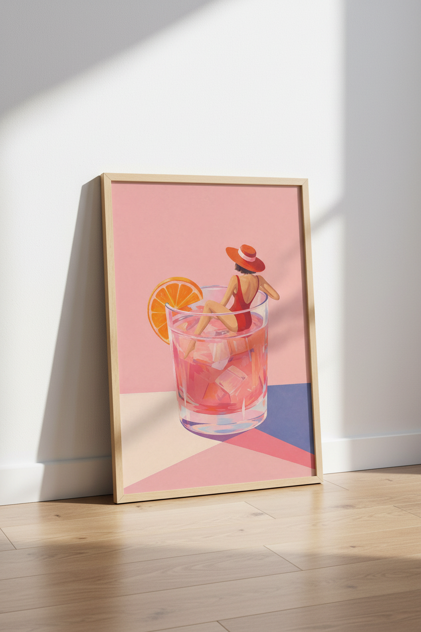 Retro Cocktail Art Print | Pink Bar Cart Decor, Modern Kitchen Poster