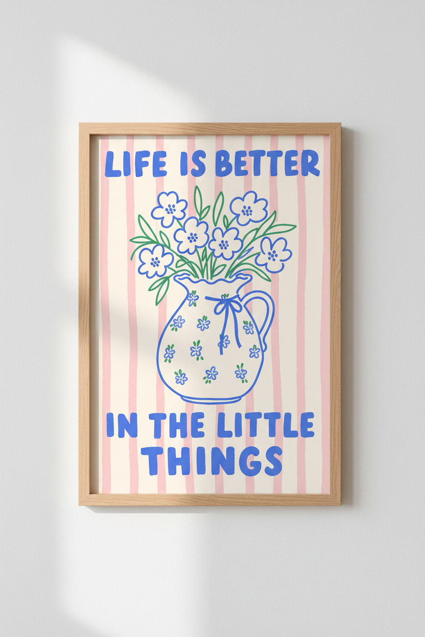 Floral Quote Wall Art Print | Pink Striped Poster, Danish Pastel Decor