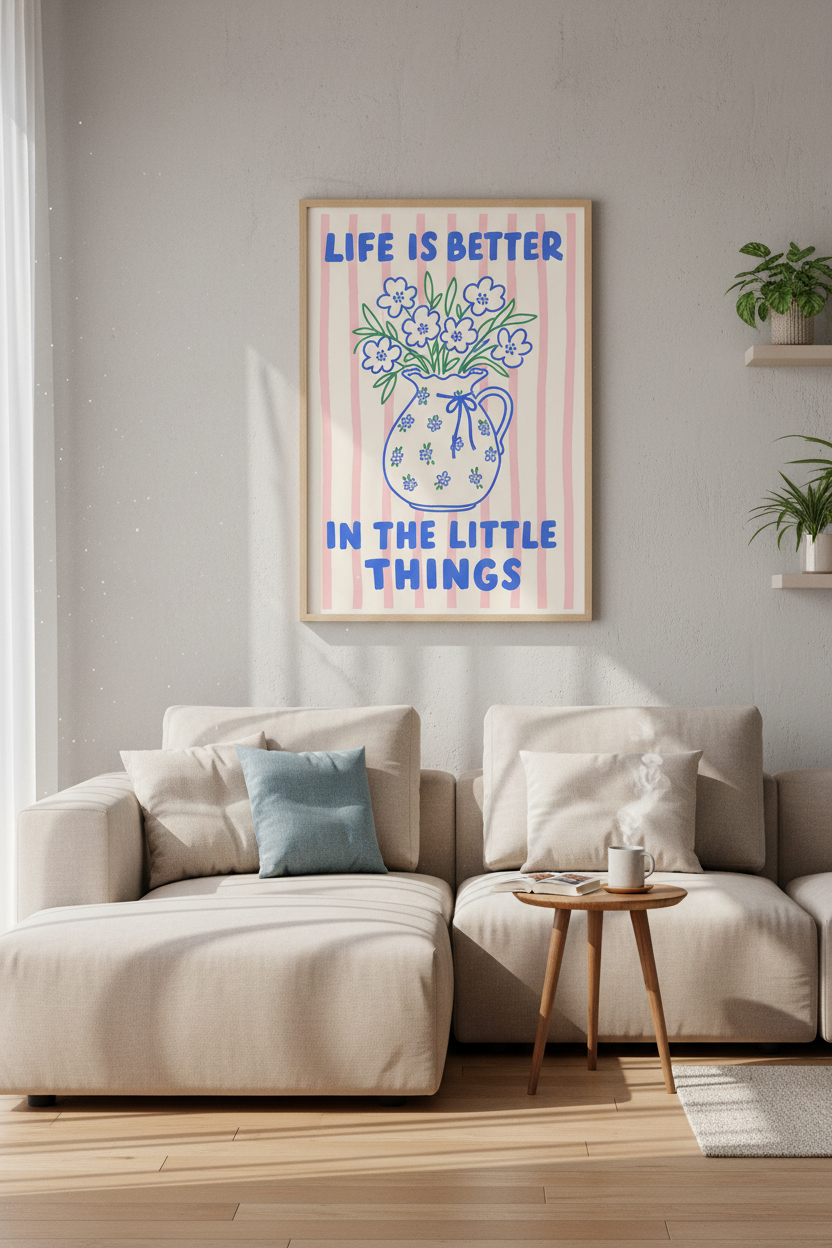 Floral Quote Wall Art Print | Pink Striped Poster, Danish Pastel Decor
