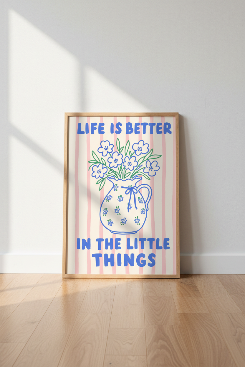 Floral Quote Wall Art Print | Pink Striped Poster, Danish Pastel Decor