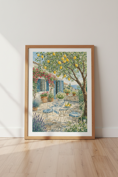 Mediterranean Lemon Tree Wall Art | Watercolor Patio Poster, Italy Kitchen Decor