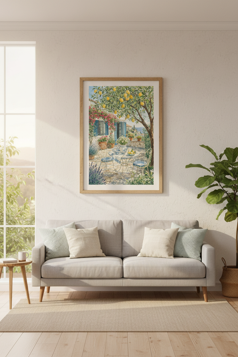 Mediterranean Lemon Tree Wall Art | Watercolor Patio Poster, Italy Kitchen Decor