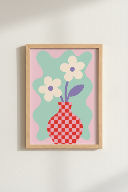 Danish Pastel Flower Print | Retro Checkered Vase, Abstract Floral Dorm Decor