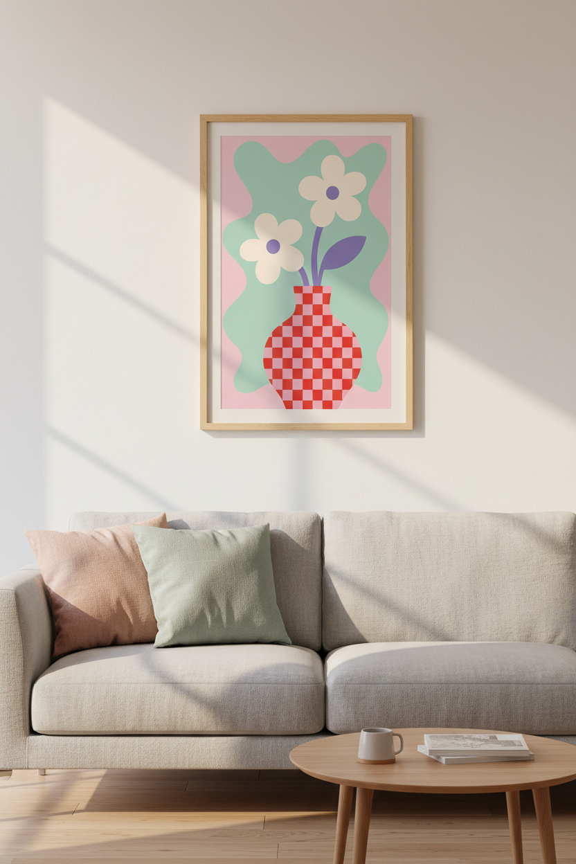 Danish Pastel Flower Print | Retro Checkered Vase, Abstract Floral Dorm Decor