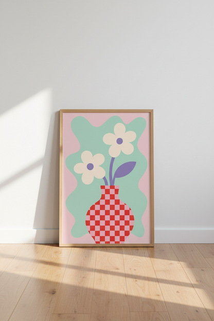 Danish Pastel Flower Print | Retro Checkered Vase, Abstract Floral Dorm Decor