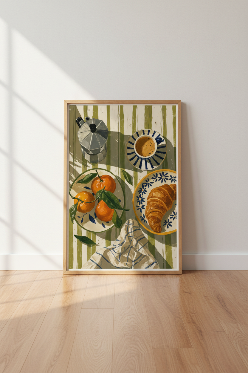 Italian Breakfast Still Life Print | Kitchen Wall Art, Coffee &amp; Orange Poster