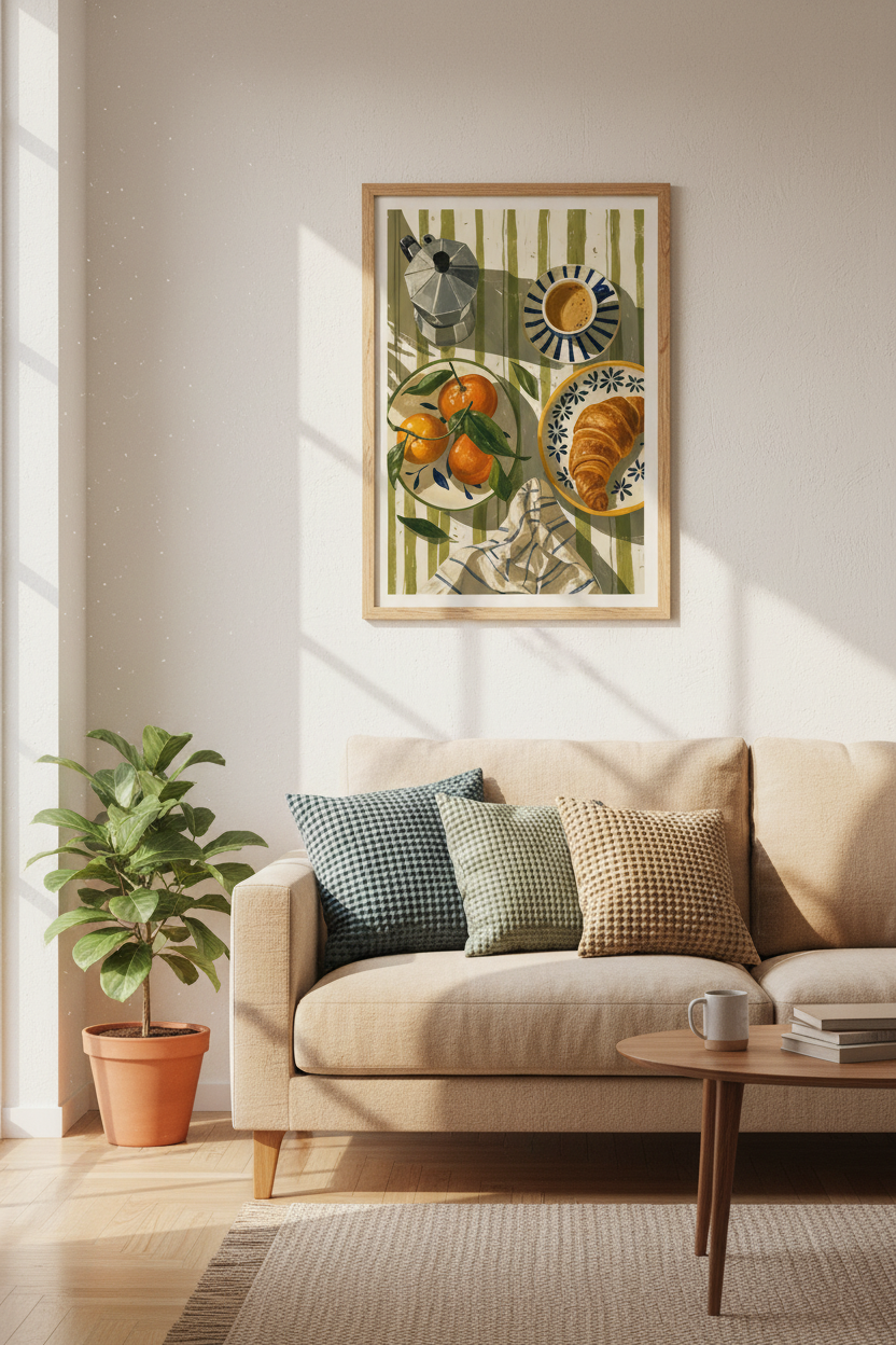 Italian Breakfast Still Life Print | Kitchen Wall Art, Coffee &amp; Orange Poster
