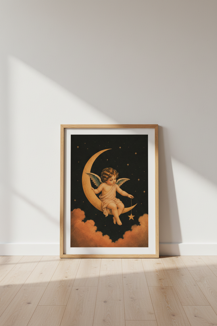 Vintage Angel on Moon Wall Art | Celestial Nursery Decor | Cherub Poster