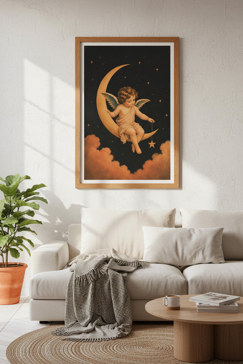 Vintage Angel on Moon Wall Art | Celestial Nursery Decor | Cherub Poster