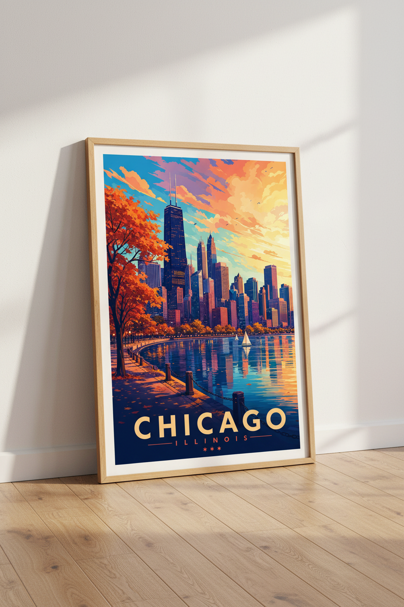 Chicago Skyline Wall Art Print | Office Home Decor | Modern City Travel Poster