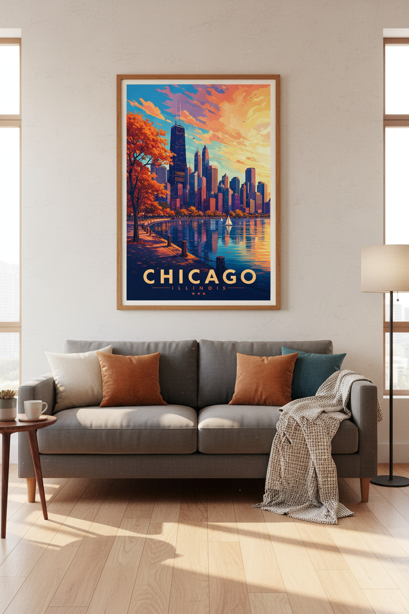 Chicago Skyline Wall Art Print | Office Home Decor | Modern City Travel Poster