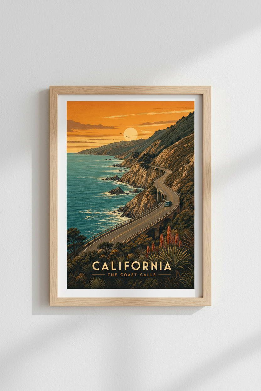 Vintage Coastal California Wall Art Print | Living Room Decor | Sunset Poster