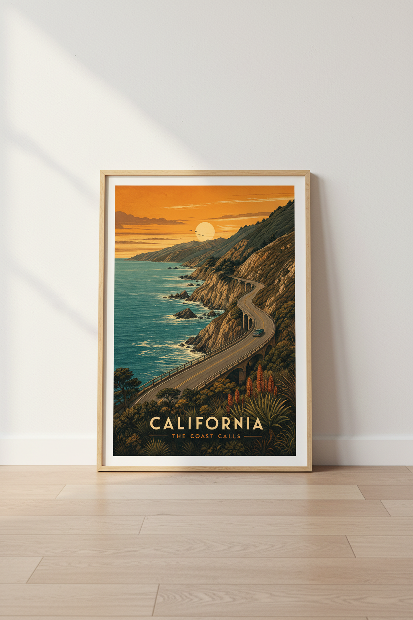 Vintage Coastal California Wall Art Print | Living Room Decor | Sunset Poster