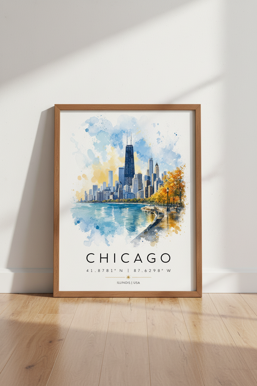 Chicago Skyline Watercolor Wall Art | Blue &amp; Gold Cityscape | Modern Travel Poster