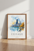 Chicago Skyline Watercolor Wall Art | Blue & Gold Cityscape | Modern Travel Poster