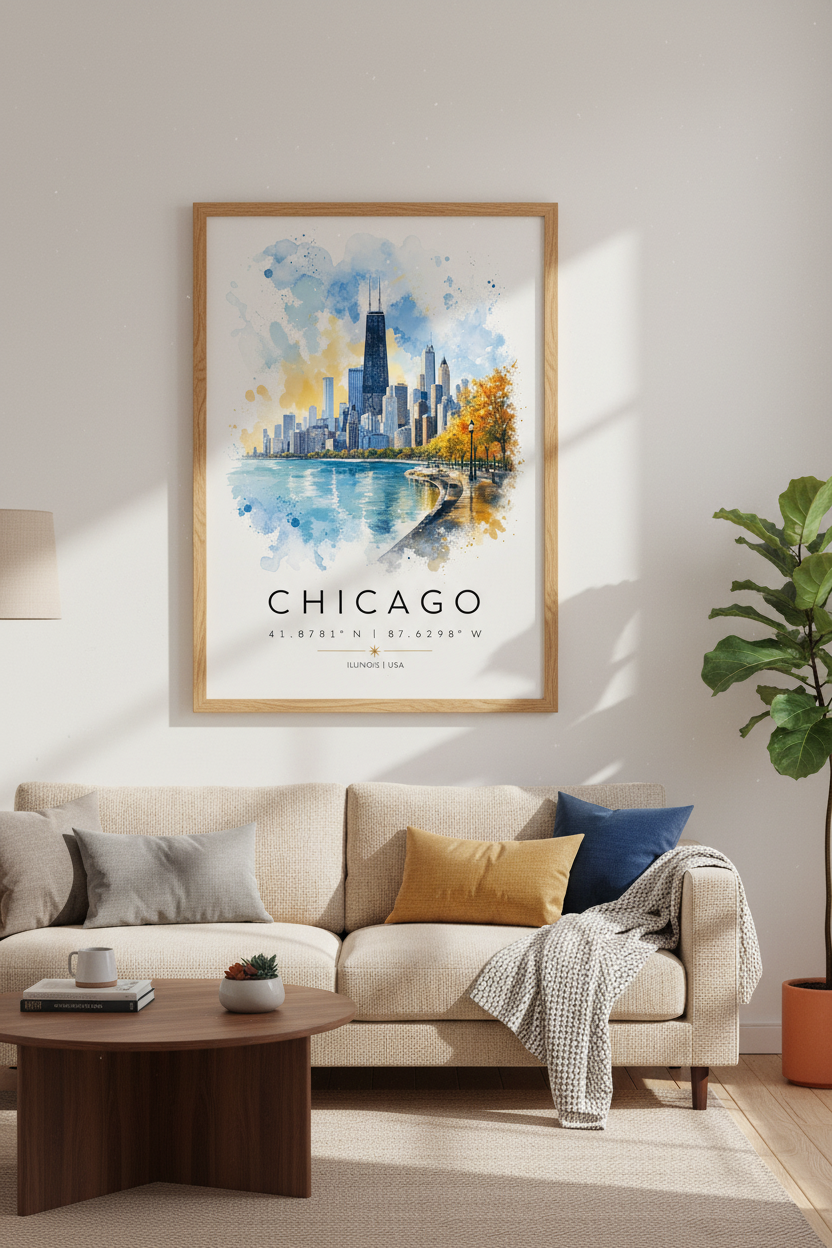Chicago Skyline Watercolor Wall Art | Blue &amp; Gold Cityscape | Modern Travel Poster