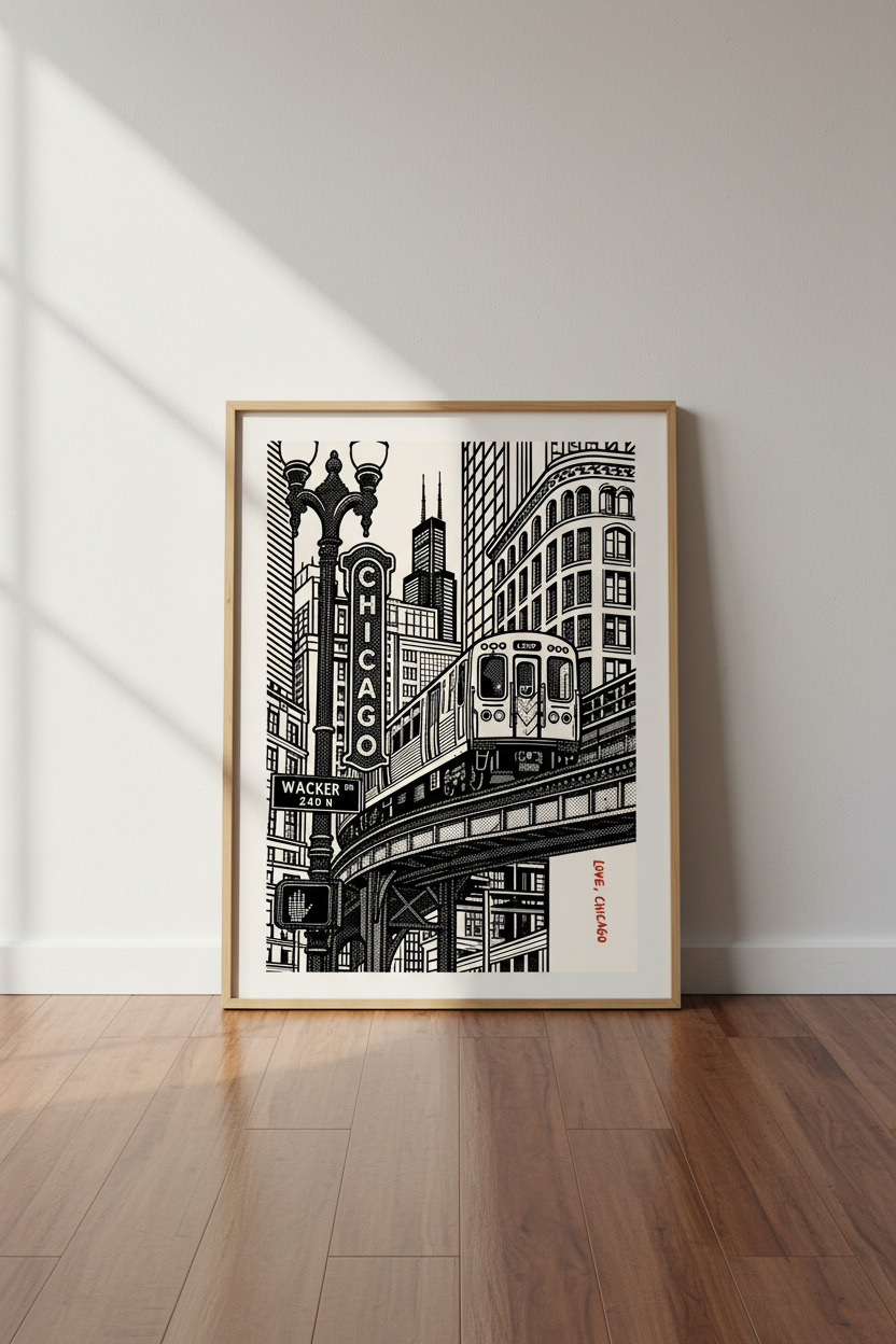 Chicago wall art print | Living room decor | monochrome poster