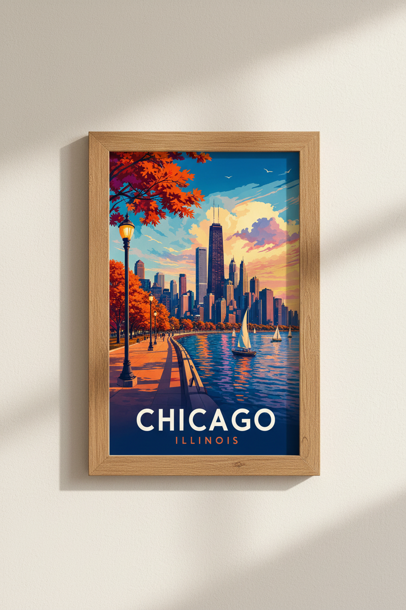 Chicago Illinois Skyline Wall Art | Vintage Travel Poster, Living Room Decor