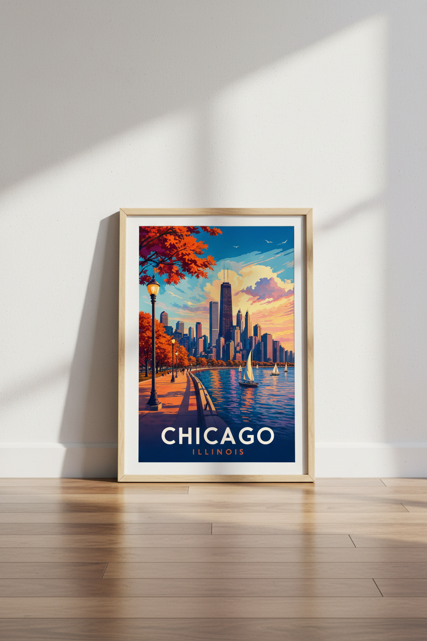 Chicago Illinois Skyline Wall Art | Vintage Travel Poster, Living Room Decor