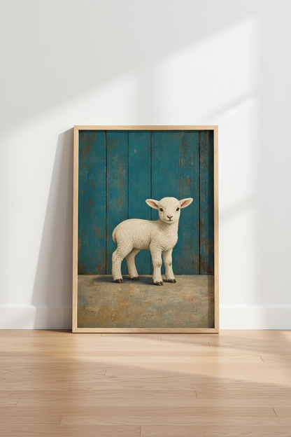 Baby Lamb Wall Art Print | Teal Rustic Wood Farmhouse Decor | Nursery Poster
