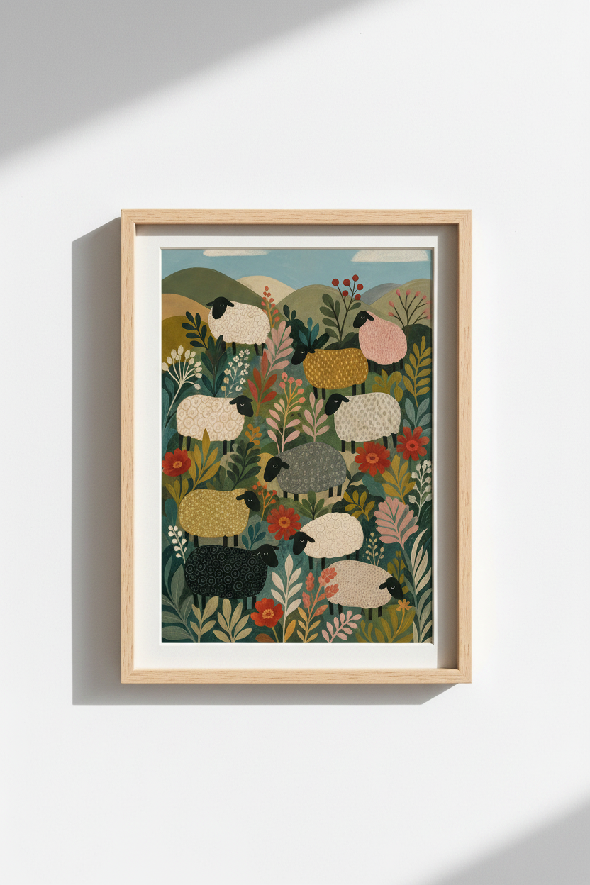 Folk Sheep Wall Art Print | Rustic Cottagecore Floral, Nursery Farmhouse Poster