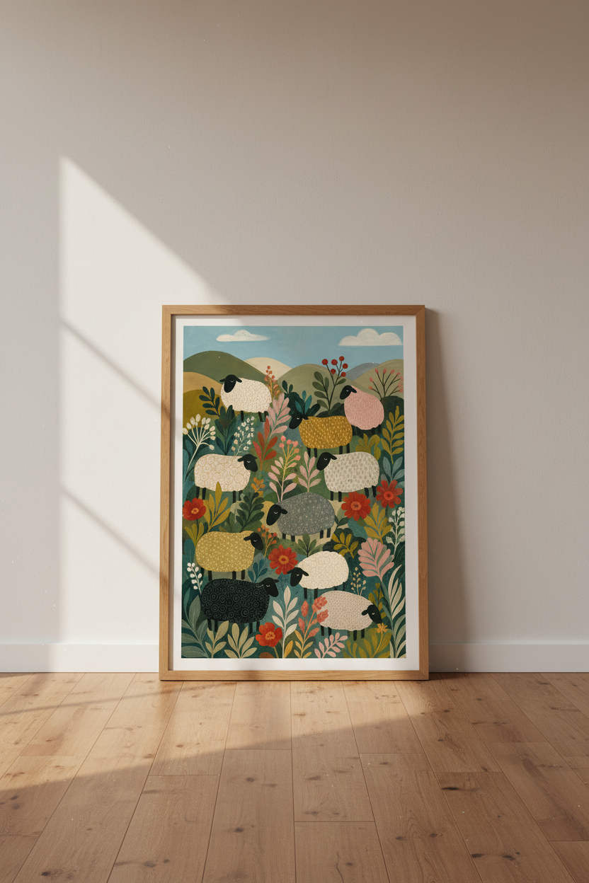 Folk Sheep Wall Art Print | Rustic Cottagecore Floral, Nursery Farmhouse Poster