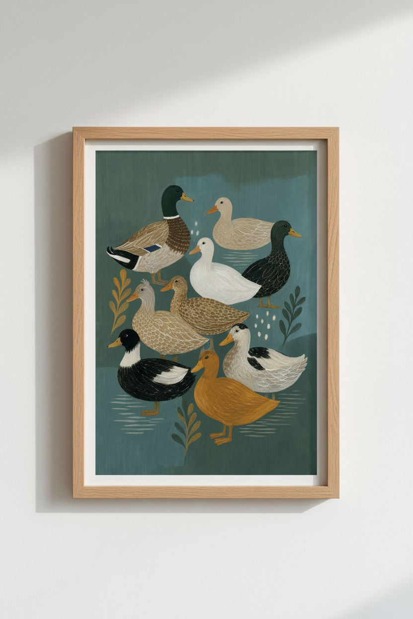 Duck Species Art Print | Vintage Waterfowl Bird Poster, Teal Farmhouse Nursery Wall Decor