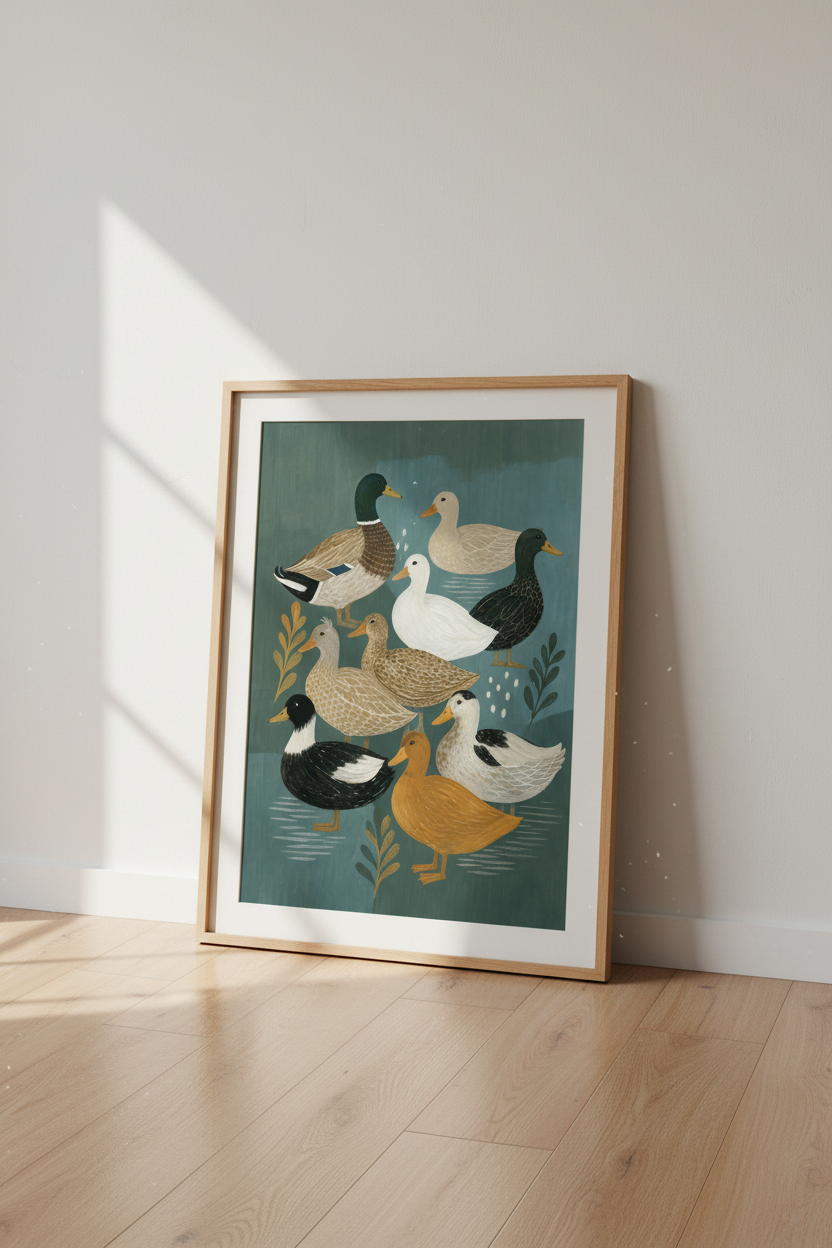 Duck Species Art Print | Vintage Waterfowl Bird Poster, Teal Farmhouse Nursery Wall Decor