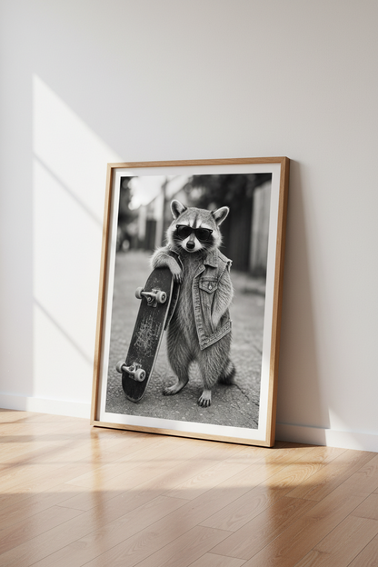 Skater Raccoon Wall Art | Cool Trash Panda Poster | Urban Black and White Decor