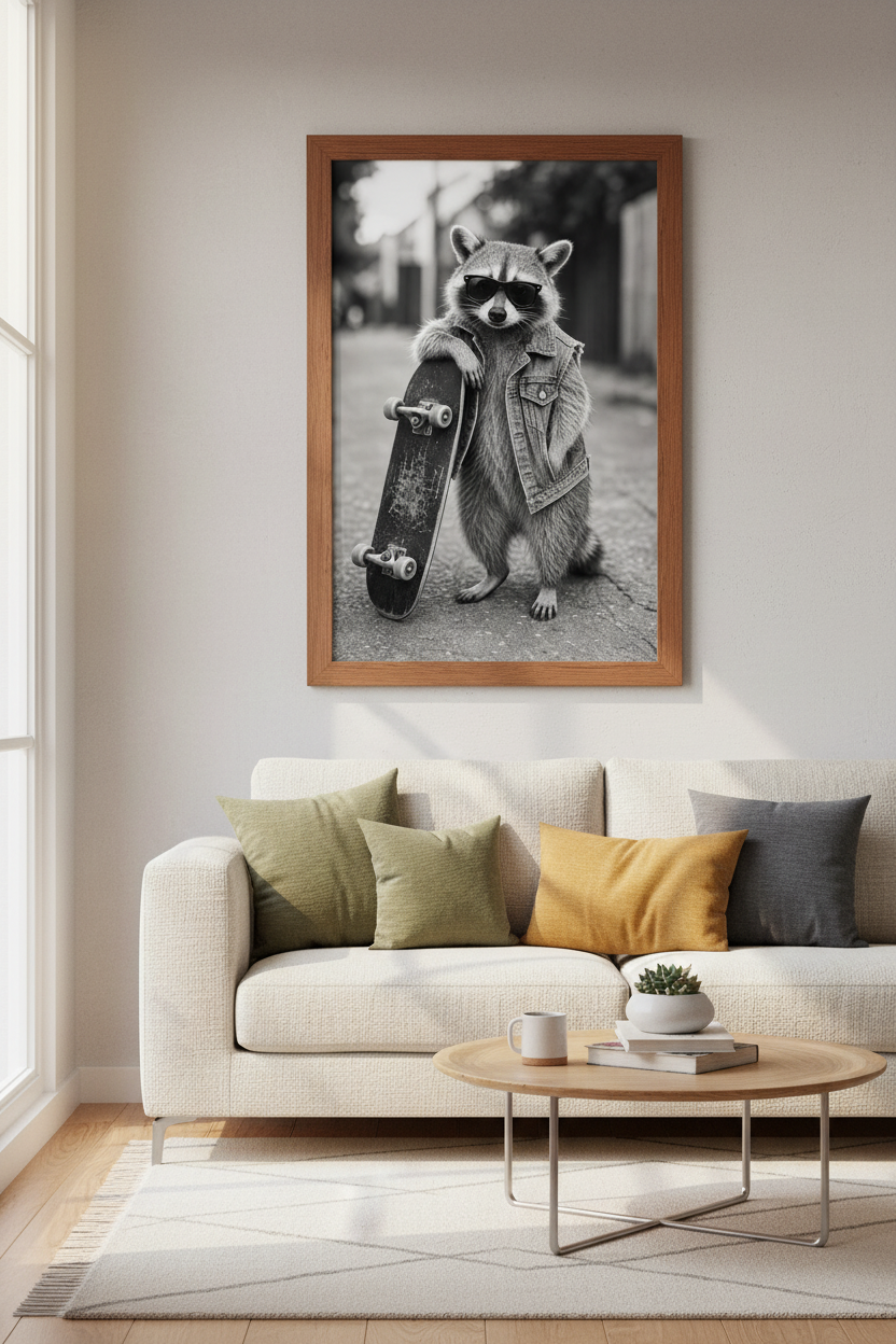 Skater Raccoon Wall Art | Cool Trash Panda Poster | Urban Black and White Decor