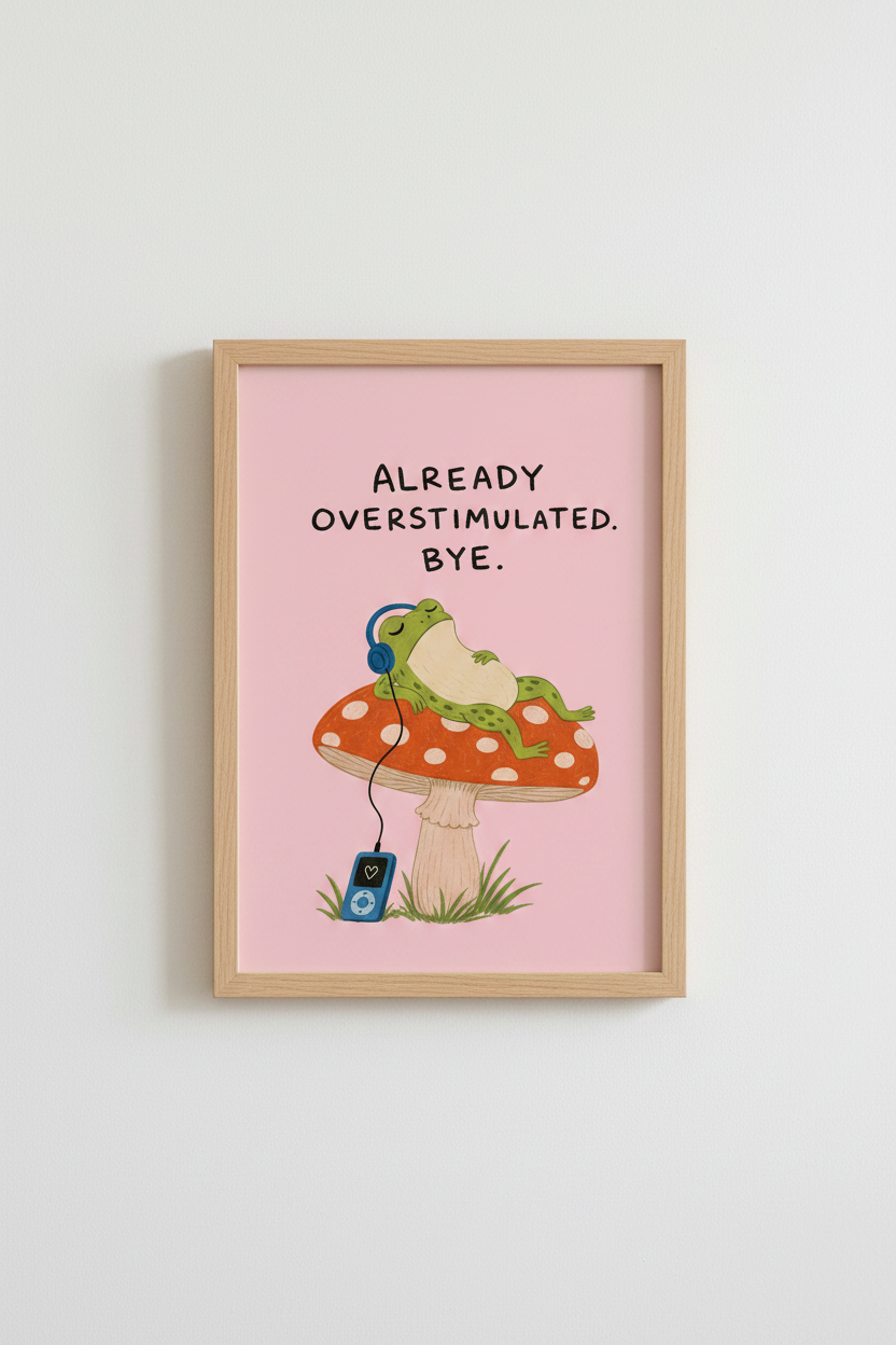 Funny Frog on Mushroom Art Print | Pink Overstimulated Poster, Bedroom Decor