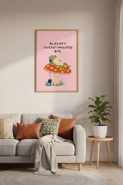 Funny Frog on Mushroom Art Print | Pink Overstimulated Poster, Bedroom Decor