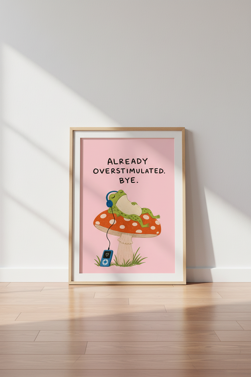 Funny Frog on Mushroom Art Print | Pink Overstimulated Poster, Bedroom Decor